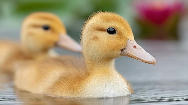 Quacking Duo: Captivating shot of two adorable ducklings gliding gracefully through the water. It's a celebration of the tender moments in nature, evoking warmth and serenity.