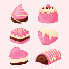 Valentine Ruby Chocolate Set. Chocolate Candies and White Chocolate Desserts, Sweets, and Pastries Vector Illustration