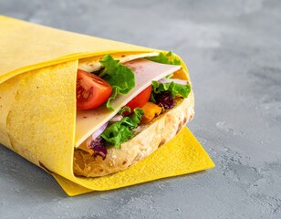 A delicious wrap bursting with tender grilled meat, fresh crisp vegetables, and a flavorful sauce, all neatly tucked in a soft tortilla.