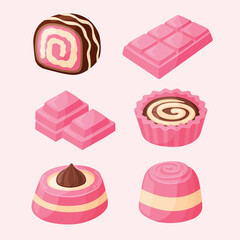Valentine Ruby Chocolate Set. Chocolate Candies and White Chocolate Desserts, Sweets, and Pastries Vector Illustration