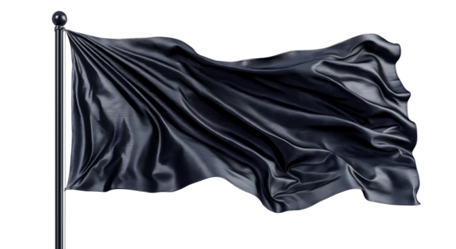 Png of A dramatic black flag waving elegantly, symbolizing strength and resilience against a transparent background.