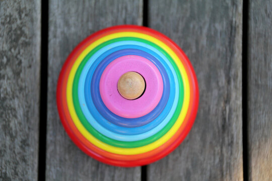 Looking down onto a stack of coloured rings