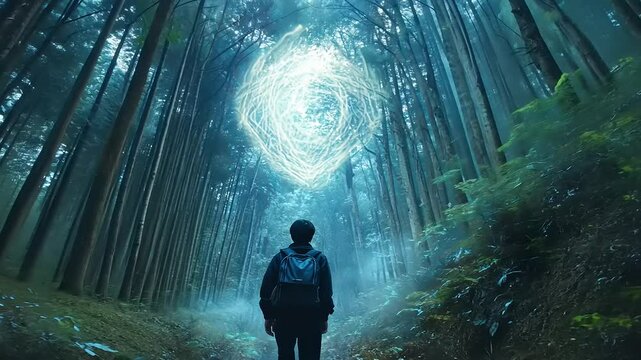 Mystical Forest Encounter: A lone traveler gazes upon an ethereal portal