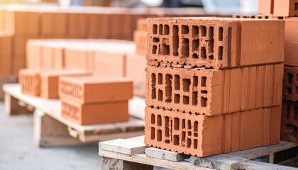 A neatly arranged stack of red bricks on wooden pallets, showcasing their textured surfaces and earthy tones, ready for construction projects.