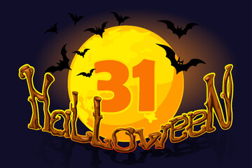 Greeting card with Scary Wooden Halloween Word That Looks Like a Spooky Tree and 31-date on full moon. Illustration for holiday projects, crafting greeting cards, decorations, for invitations