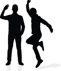 Cheerful Silhouettes Man Waving and Another Jumping