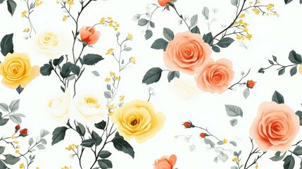 Blooming Harmony: A seamless design of harmonious colors and shapes, featuring roses and wildflowers intertwined, isolated on white