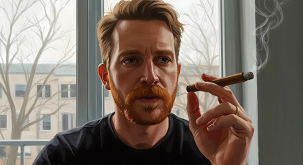 thoughtful man smoking a cigar on his balcony