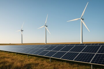Wind turbines and solar panels in a field