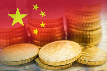 China flag with stock market finance, economy trend graph digital technology.