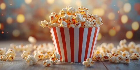 Delicious freshly popped popcorn in a striped container with scattered kernels on a wooden surface