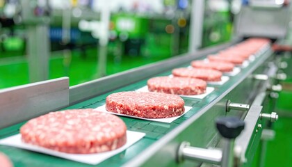 A fresh line of raw meat cuts displayed on a stainless steel production floor, surrounded by industrial equipment and bright overhead lighting.