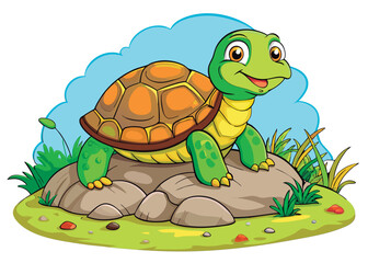 Fototapeta premium Cute turtle sits on a rock.