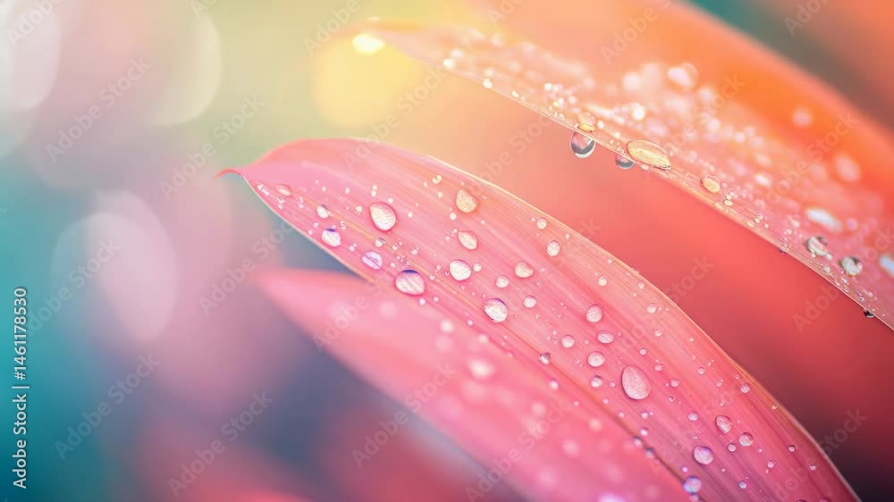 Poster Sparkling dew drops resting on vibrant pink leaves catch soft sunlight, creating a mesmerizing display of nature's beauty against a blurred background