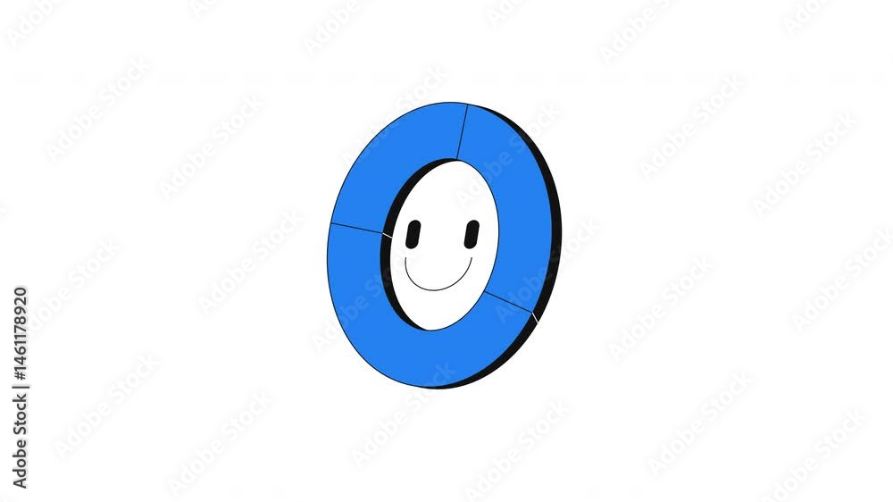 Poster segmented donut pie chart with smiling face 2d cartoon object animation. positive data, satisfaction