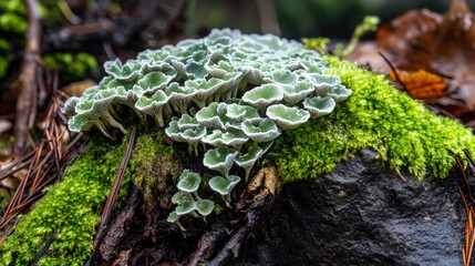 Green gray fungus on mossy forest floor closeup