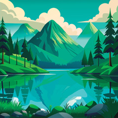 Vector illustration of a Serene Mountain Lake Landscape.