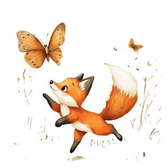 Cartoon Fox Chasing a Butterfly in Fiery Oranges Isolated on Transparent Background
