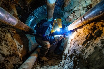 Underground Pipeline Welding, Lone Worker's Intense Focus in Confined Space