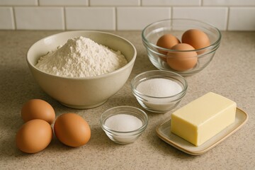 Ingredients for baking flour, eggs, sugar, and butter arranged on a kitchen counter