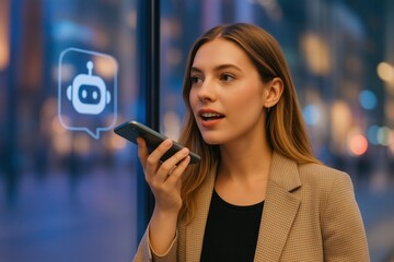 Young woman speaking to virtual assistant, chatting AI chatbot app on smartphone against illuminated digital display. AI, innovation and technology. Large Language Model. Copy Space. Background.