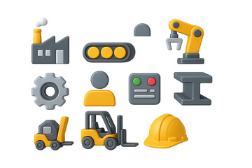 Industrial 3d icons set – factory, manufacturing, and production symbols: factory, conveyor belt, robotic arm, gear, forklift, helmet, steel beam
