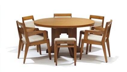 Round wooden dining set.  Eight pieces, including a table and chairs