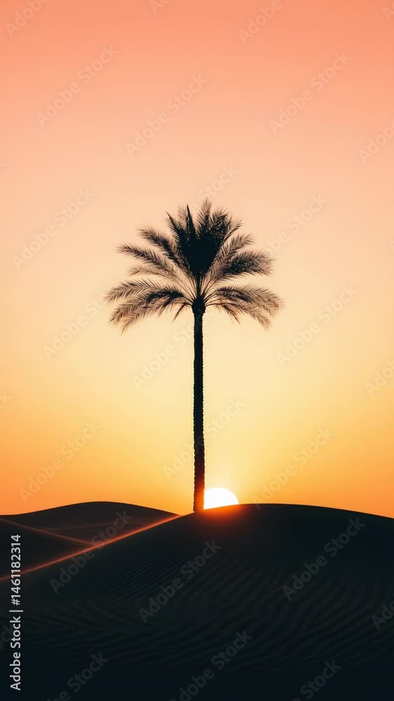 Poster scenic view of a lone palm tree silhouetted against a vibrant sunset sky, standing tall on a sand du