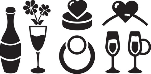 Icon Set of Wedding Essentials in Black Vector Style