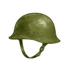 Fototapeta premium Olive green military helmet with chin strap, illustrated on a white background.