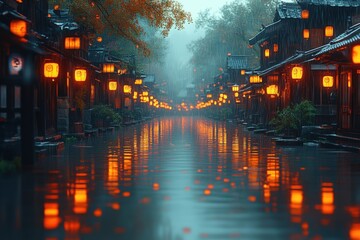 Fototapeta premium Rain-soaked street lined with glowing lanterns; reflections dance on the water