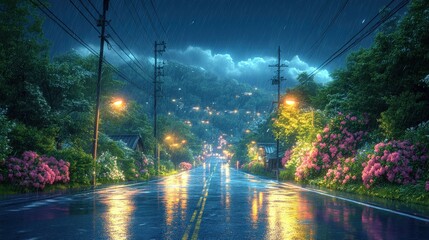 Naklejka premium Rainy road with bright streetlights. Green hills and pink flowers border the street