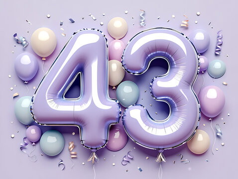 43rd birthday, forty-third, 43, birthday, anniversary, celebration, balloons, number balloons, foil balloons, pastel colors, confetti, party, festive, happy, joy, milestone, age, event, decoration, de