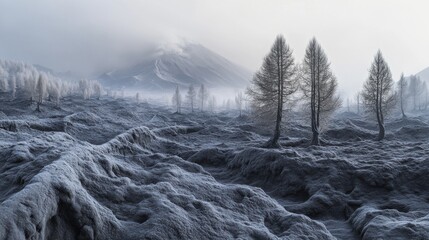 Misty landscape path through frosted terrain