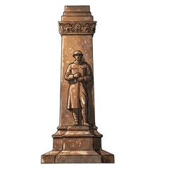 Obraz premium A tall stone war memorial featuring a soldier statue is depicted against a plain white background.