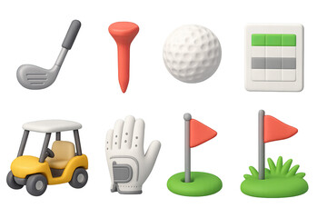 Golf 3d icon set – isometric style sporting equipment and game symbols for golf enthusiasts: club, tee, ball, scorecard, cart, glove, flag, hole.