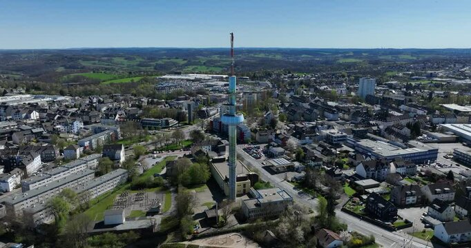 telecommunication tower in Velbert, nicknamed Telebert, aerial video. Broadcasting and radio signals. antenna, 5G, connectivity.