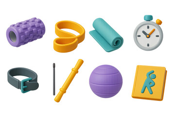 Fitness and exercise 3d icon set – vibrant gym, workout, and training symbols for health enthusiasts: foam roller, resistance band, yoga mat, stopwatch, fitness tracker, jump rope, exercise ball,