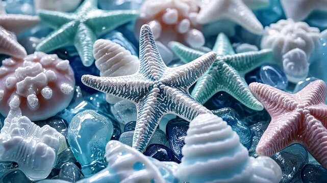 Oceanic treasures, vibrant sea stars and shells,  in a variety of colours