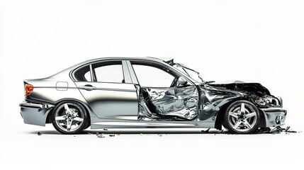 A severely damaged silver sedan with a crumpled body, set against a white background, depicting a post-accident scene.