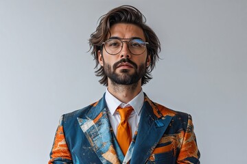 Obraz premium Trendy Business Visionary in Artistic Suit and Glasses on White Background