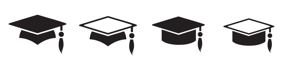 Graduation Cap Silhouette Icons Collection in Black and White Design on Transparent Background