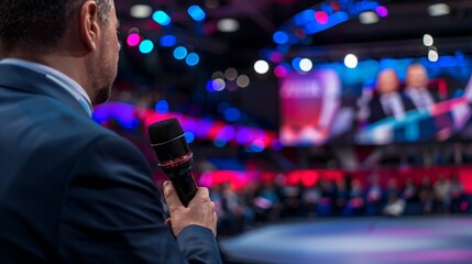 Serious journalist holding microphone interviewing politician in formal setting, news reporter covering political event, media and journalism concept.