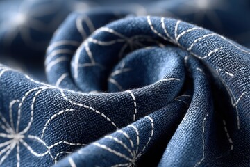 Indigo-colored organic fabric with white embroidered simple botanical motif. Natural textile with handmade pattern, stitched with white threads