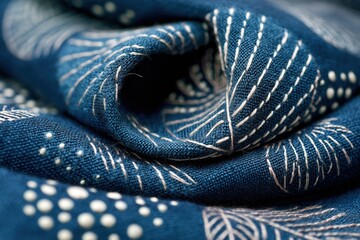 Indigo-colored organic fabric with white embroidered simple botanical motif. Natural textile with handmade pattern, stitched with white threads