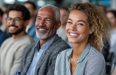 Obraz premium A diverse group of businesspeople sitting in chairs at an office presentation, all looking happy and engaged with the content being presented by their boss