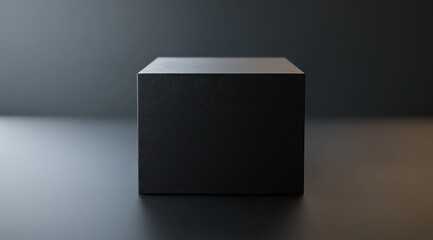 A matte black cube sits centrally on a shadowed, neutral background  Its simple, geometric form commands attention