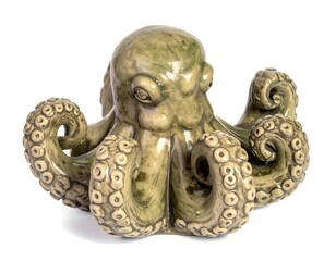Detailed Green Ceramic Octopus Figurine on White