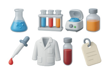 Science and laboratory 3d icons set – solid style research, chemistry, and experiment symbols for lab projects: test tube, beaker, centrifuge, dropper, lab coat, flask, tag.