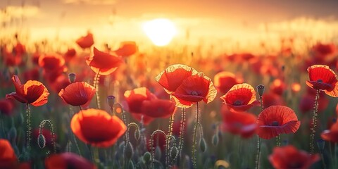 Fototapeta premium A field of poppies at sunset with red flowers swaying under golden sunlight, against a warm sky background.
